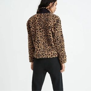 MADEWELL Women's Sherpa Fleece Bomber Jacket Leopard Black Brown Teddy Small